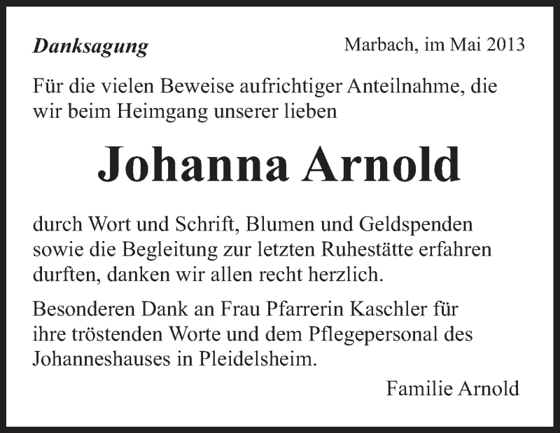  Traueranzeige für Johanna Arnold vom 27.05.2013 aus Marbacher Zeitung