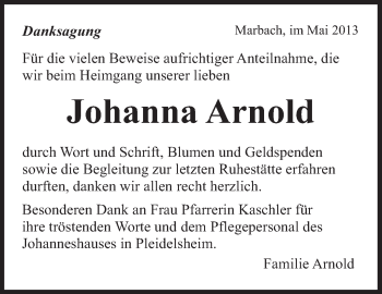 Traueranzeige von Johanna Arnold von Marbacher Zeitung