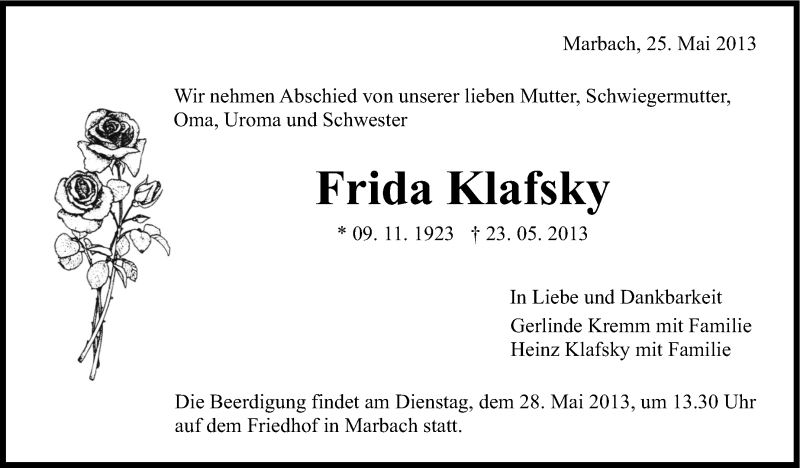  Traueranzeige für Frida Klafsky vom 25.05.2013 aus Marbacher Zeitung