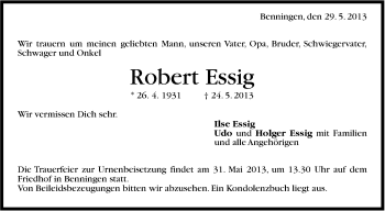 Traueranzeige von Robert Essig von Marbacher Zeitung