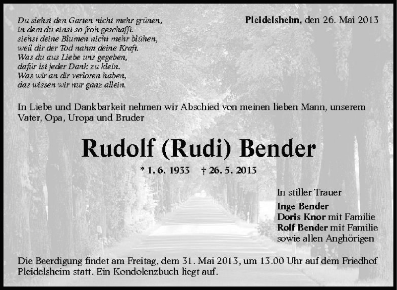  Traueranzeige für Rudolf Bender vom 29.05.2013 aus Marbacher Zeitung
