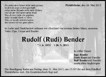 Traueranzeige von Rudolf Bender von Marbacher Zeitung