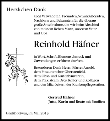Traueranzeige von Reinhold Häfner von Marbacher Zeitung