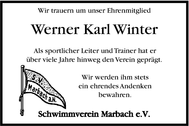  Traueranzeige für Werner Karl Winter vom 04.06.2013 aus Marbacher Zeitung