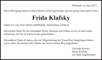 Traueranzeige von Frida Klafsky von Marbacher Zeitung