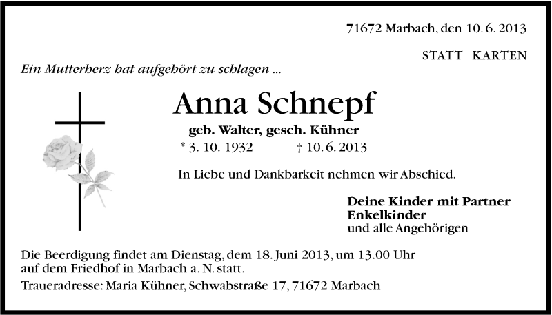  Traueranzeige für Anna Schnepf vom 14.06.2013 aus Marbacher Zeitung