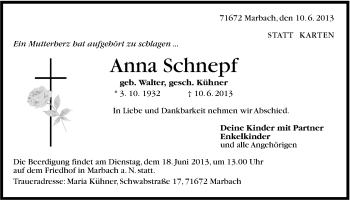 Traueranzeige von Anna Schnepf von Marbacher Zeitung