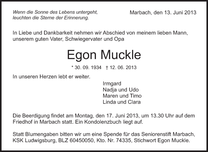  Traueranzeige für Egon Muckle vom 13.06.2013 aus Marbacher Zeitung