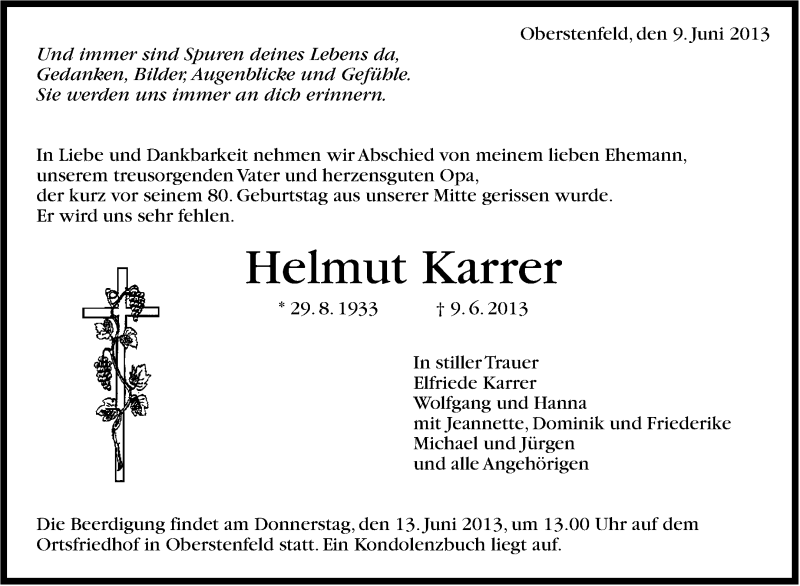  Traueranzeige für Helmut Karrer vom 11.06.2013 aus Marbacher Zeitung