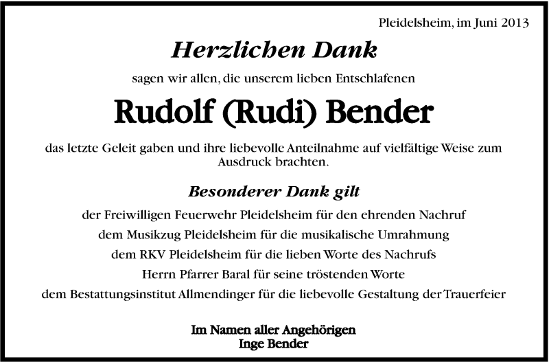  Traueranzeige für Rudolf Bender vom 20.06.2013 aus Marbacher Zeitung