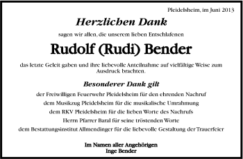 Traueranzeige von Rudolf Bender von Marbacher Zeitung