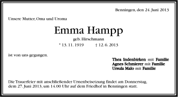 Traueranzeige von Emma Hampp von Marbacher Zeitung