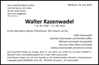 Traueranzeige von Walter Katzenwadel von Marbacher Zeitung