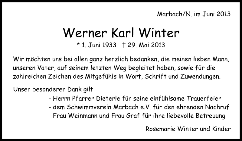  Traueranzeige für Werner Karl Winter vom 21.06.2013 aus Marbacher Zeitung