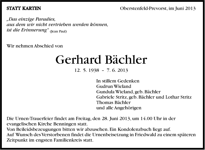  Traueranzeige für Gerhard Bächler vom 22.06.2013 aus Marbacher Zeitung