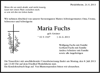 Traueranzeige von Maria Fuchs von Marbacher Zeitung