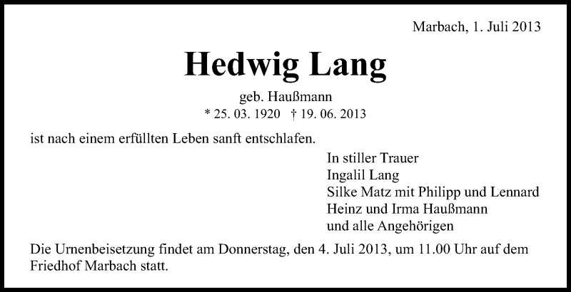  Traueranzeige für Hedwig Lang vom 01.07.2013 aus Marbacher Zeitung