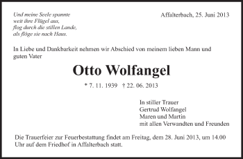 Traueranzeige von Otto Wolfangel von Marbacher Zeitung