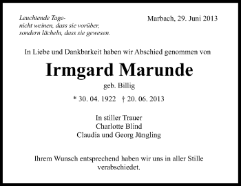 Traueranzeige von Irmgard Marunde von Marbacher Zeitung