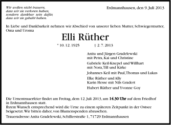 Traueranzeige von Elli Rüther von Marbacher Zeitung