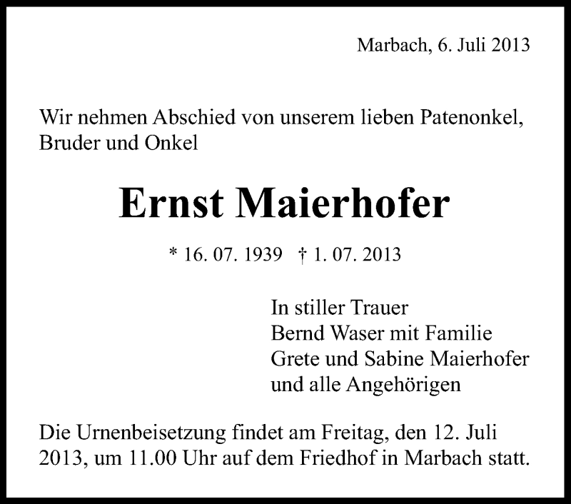  Traueranzeige für Ernst Maierhofer vom 06.07.2013 aus Marbacher Zeitung