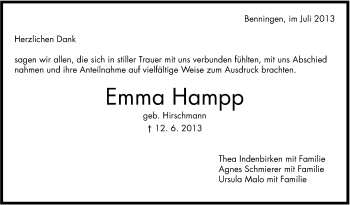 Traueranzeige von Emma Hampp von Marbacher Zeitung