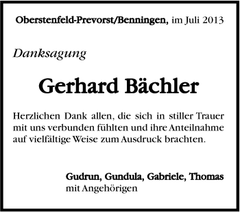 Traueranzeige von Gerhard Bächler von Marbacher Zeitung