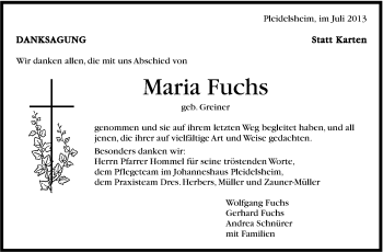 Traueranzeige von Maria Fuchs von Marbacher Zeitung