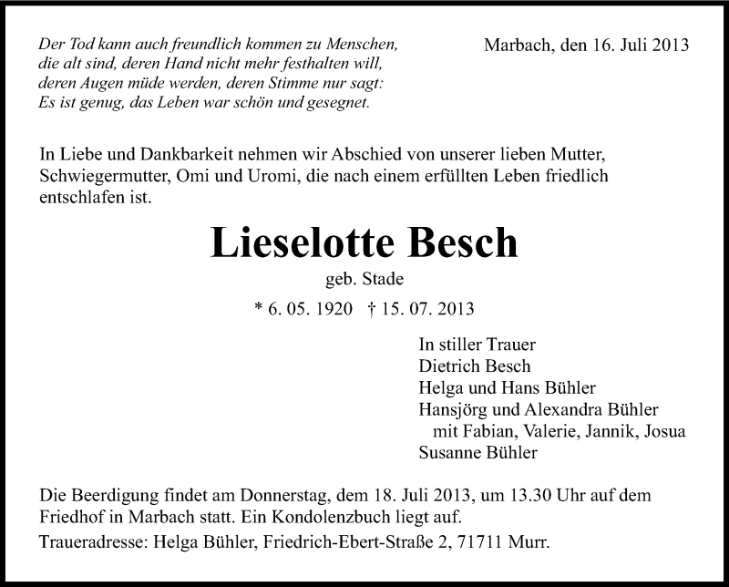  Traueranzeige für Lieselotte Besch vom 16.07.2013 aus Marbacher Zeitung