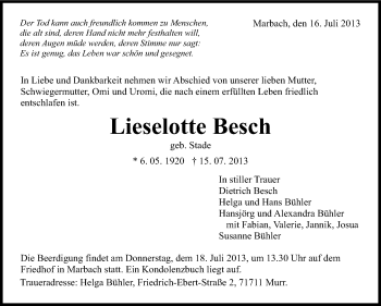 Traueranzeige von Lieselotte Besch von Marbacher Zeitung