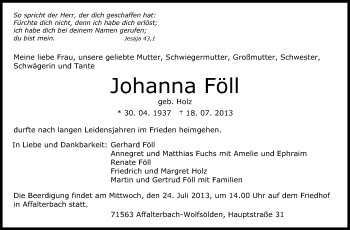 Traueranzeige von Johanna Föll von Marbacher Zeitung