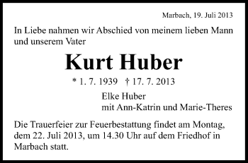 Traueranzeige von Kurt Huber von Marbacher Zeitung
