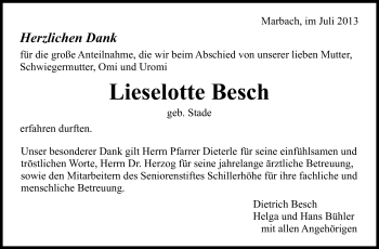 Traueranzeige von Lieselotte Besch von Marbacher Zeitung