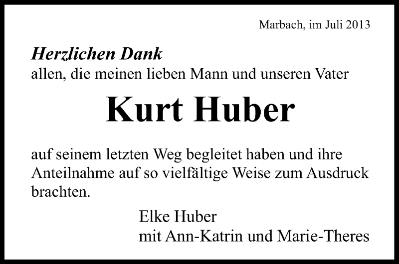  Traueranzeige für Kurt Huber vom 30.07.2013 aus Marbacher Zeitung