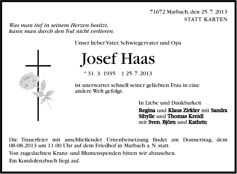  Traueranzeige für Josef Haas vom 03.08.2013 aus Marbacher Zeitung