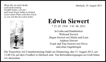 Traueranzeige von Edwin Siewert von Marbacher Zeitung