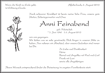 Traueranzeige von Anni Feierabend von Marbacher Zeitung