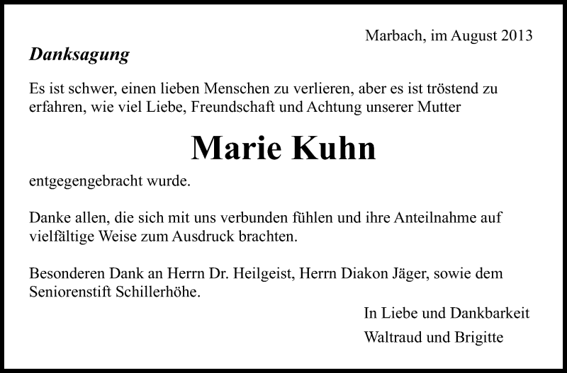 Traueranzeige für Marie Kuhn vom 10.08.2013 aus Marbacher Zeitung