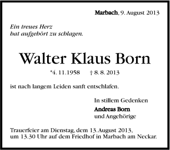 Traueranzeige von Walter Klaus Born von Marbacher Zeitung