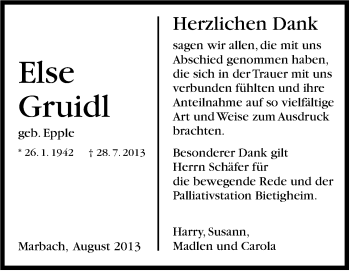 Traueranzeige von Else Gruidl von Marbacher Zeitung