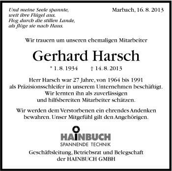 Traueranzeige von Gerhard Harsch von Marbacher Zeitung