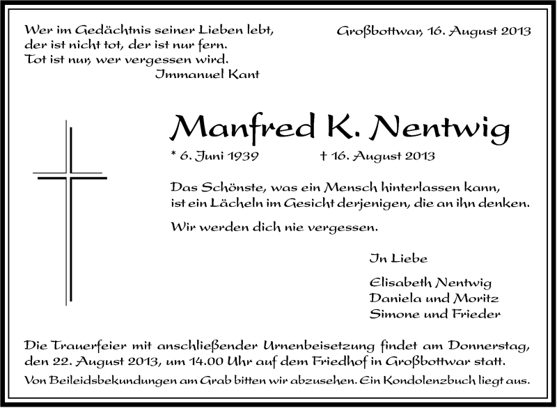  Traueranzeige für Manfred Nentwig vom 20.08.2013 aus Marbacher Zeitung