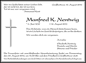 Traueranzeige von Manfred Nentwig von Marbacher Zeitung