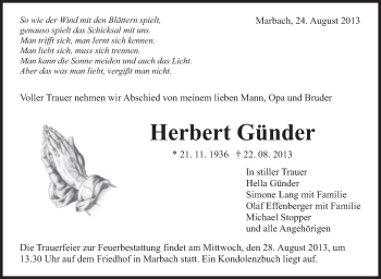 Traueranzeige von Herbert Günder von Marbacher Zeitung