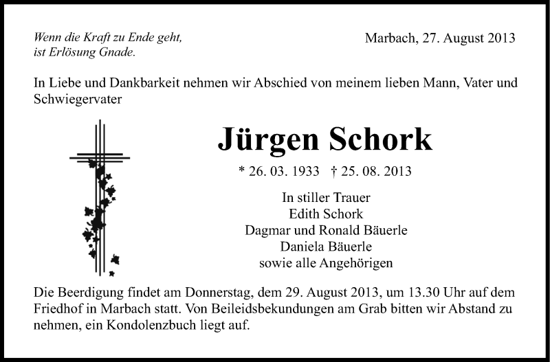  Traueranzeige für Jürgen Schork vom 27.08.2013 aus Marbacher Zeitung
