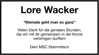 Traueranzeige von Lore Wacker von Marbacher Zeitung