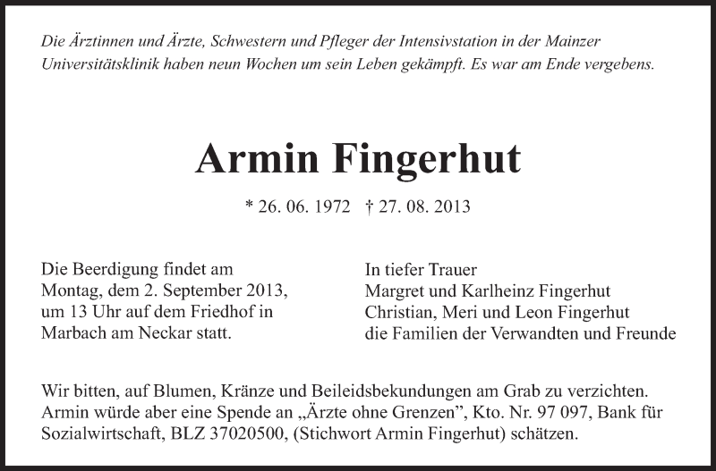  Traueranzeige für Armin Fingerhut vom 30.08.2013 aus Marbacher Zeitung