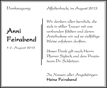 Traueranzeige von Anni Feirabend von Marbacher Zeitung