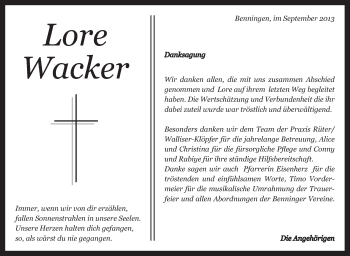 Traueranzeige von Lore Wacker von Marbacher Zeitung
