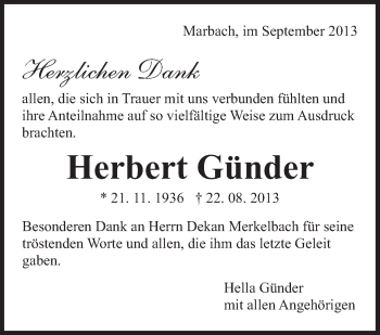 Traueranzeige von Herbert Günder von Marbacher Zeitung